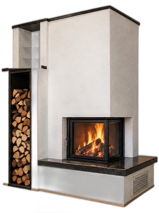 Freistehender moderner Kamin mit Feuersicht und Holzfach, gebaut von der Senftenberger Ofenbauer- und Fliesenleger GmbH